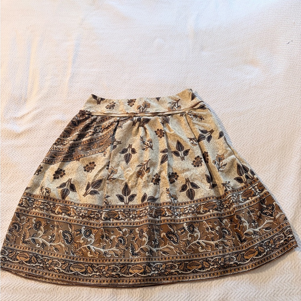 100% Silk Bohemian Floral Brown Cream Skirt